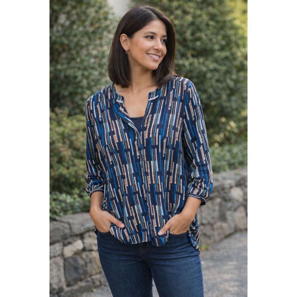JM Collection Stitch Blouse Long Sleeve Printed Blouse Size L